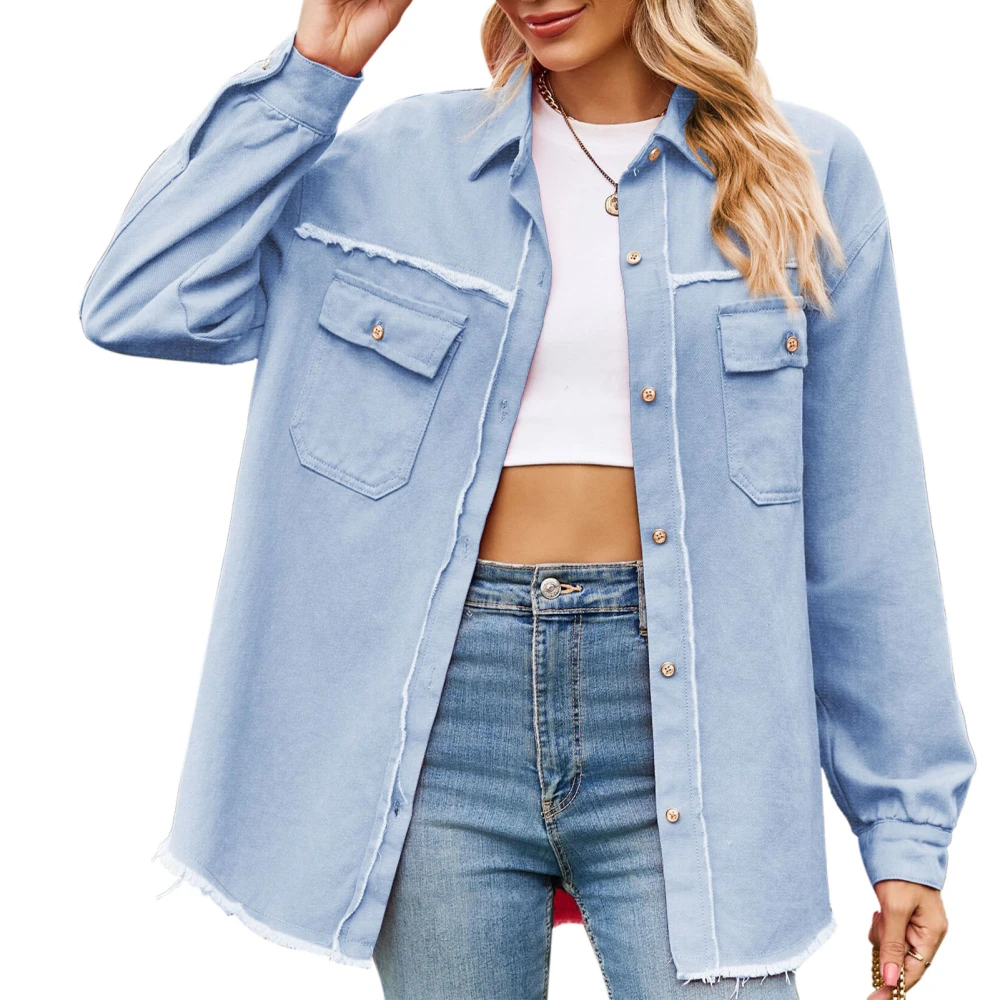 Long Sleeve Jacket Turn Down Collar Single Breasted Button Fringed Hem Comfortable Skin Friendly Long Sleeve Coat for Home Dating Light Blue S