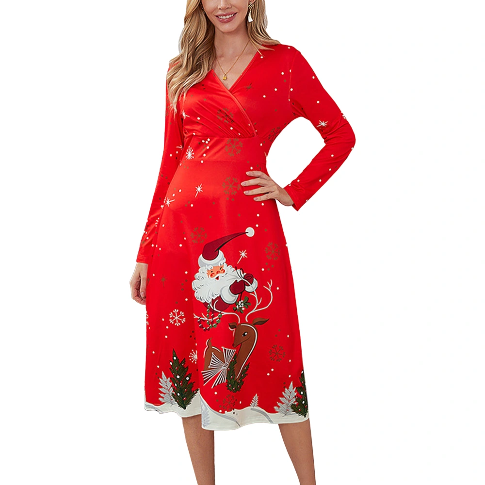 Women Christmas Print Long Dress V Neck Long Sleeve Wasit Slimming Christmas Pattern Casual Dress Red Type A S