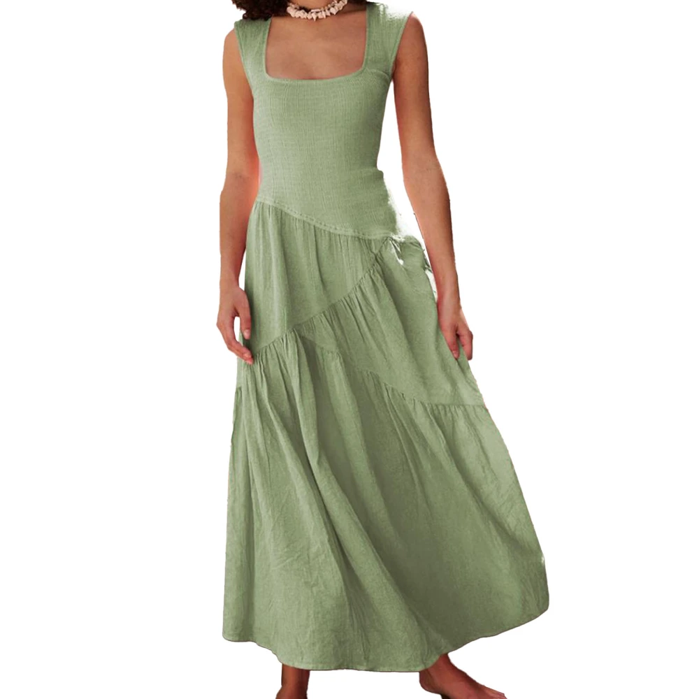 Sleeveless Dress Backless Back Strap Flowing Hem Casual Fashionable Pure Color Dress for Party Holidays Light Green L