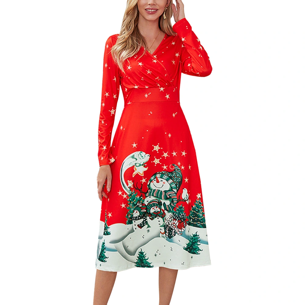 Women Christmas Print Long Dress V Neck Long Sleeve Wasit Slimming Christmas Pattern Casual Dress Red Type B XL