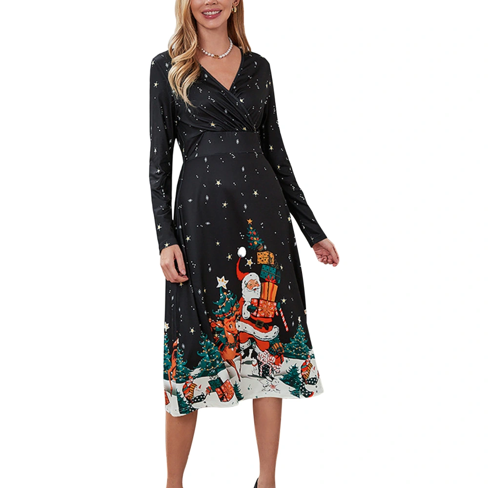 Women Christmas Print Long Dress V Neck Long Sleeve Wasit Slimming Christmas Pattern Casual Dress Black Type B XXL