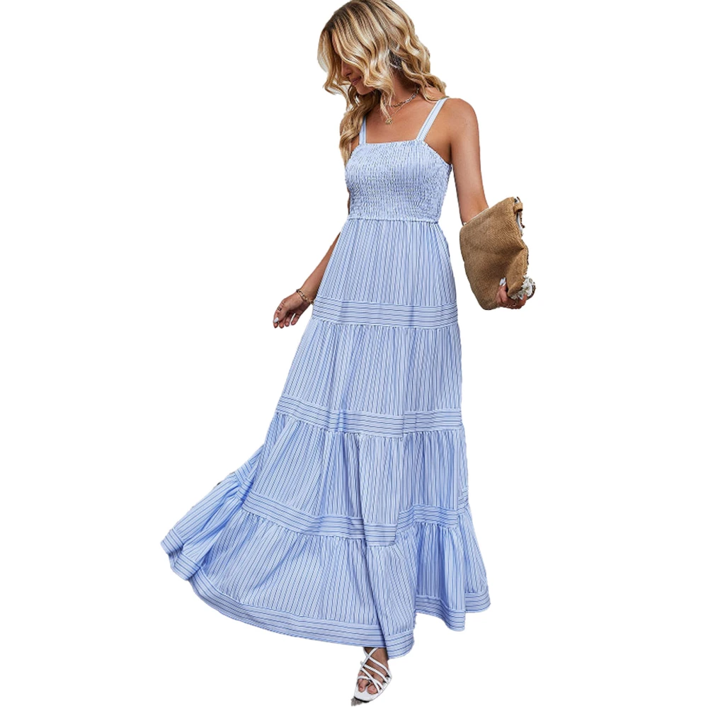 Women Shirred Waist Striped Long Dress Sleeveless Waist Slimming Ruffle Hem Spaghetti Strap Stylish Stripe Dress Light Blue M