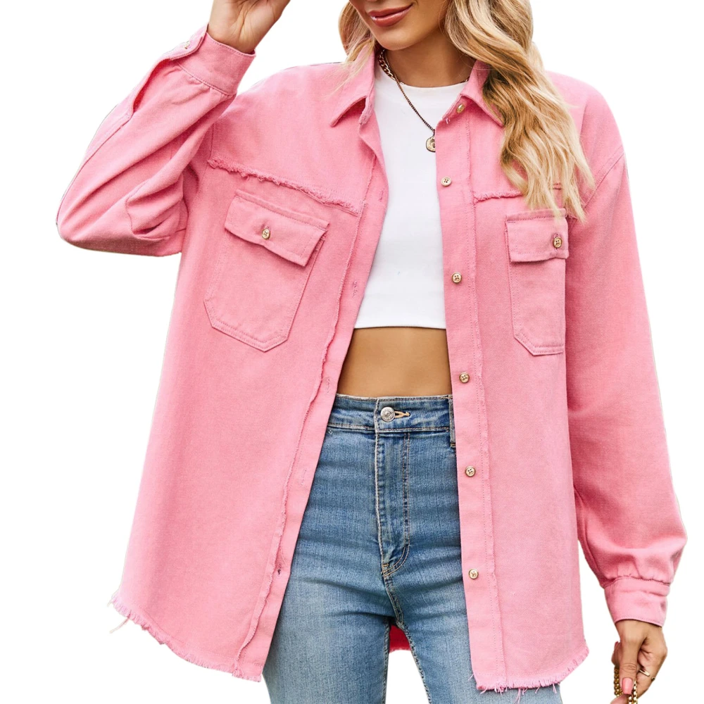 Long Sleeve Jacket Turn Down Collar Single Breasted Button Fringed Hem Comfortable Skin Friendly Long Sleeve Coat for Home Dating Rose Pink M