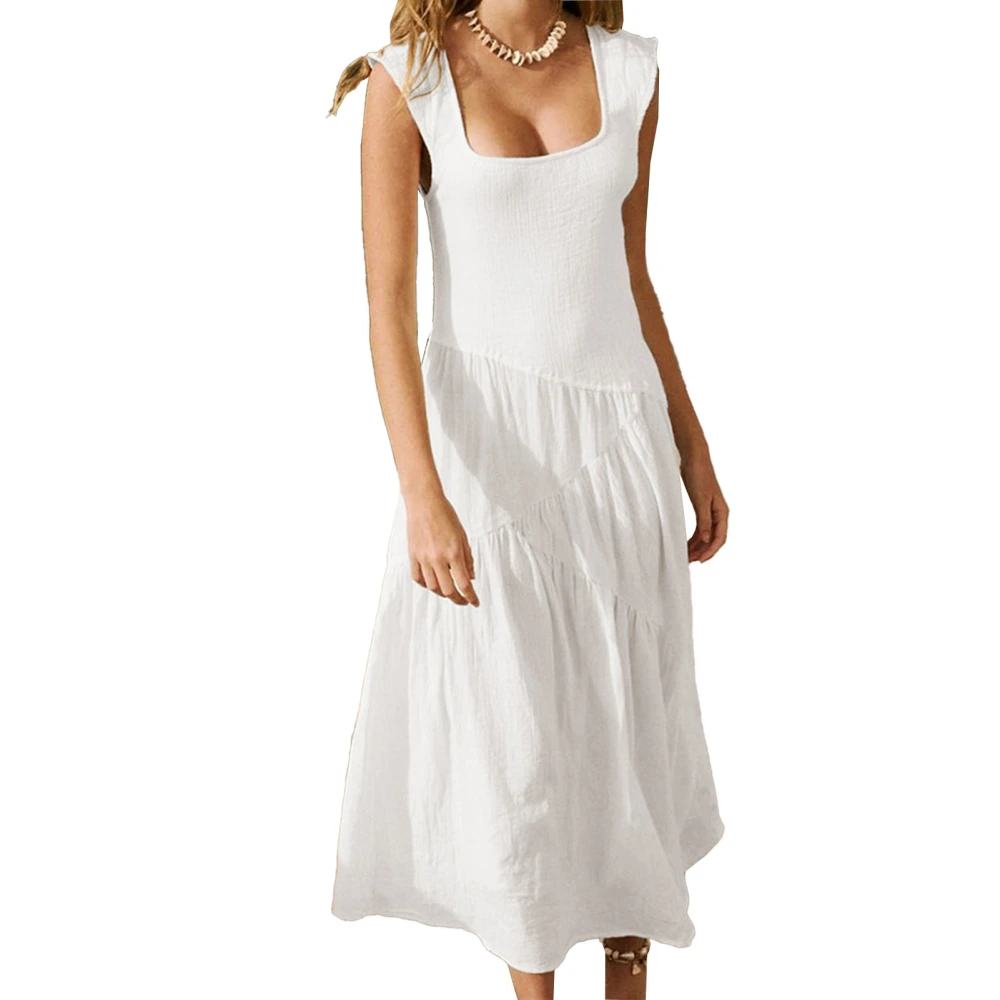 Sleeveless Dress Backless Back Strap Flowing Hem Casual Fashionable Pure Color Dress for Party Holidays White S