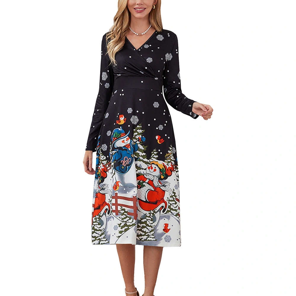 Women Christmas Print Long Dress V Neck Long Sleeve Wasit Slimming Christmas Pattern Casual Dress Black Type E S