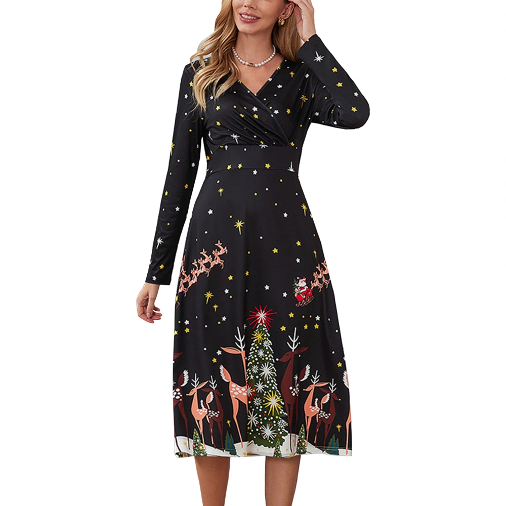 Women Christmas Print Long Dress V Neck Long Sleeve Wasit Slimming Christmas Pattern Casual Dress Black Type D L