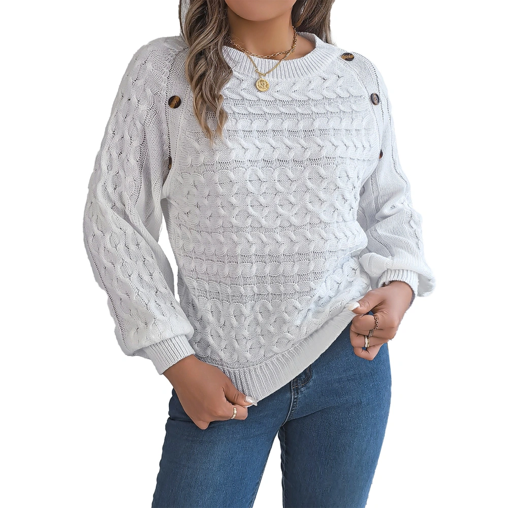 Women Cable Knit Sweater Crew Neck Long Sleeve Button Decoration Pullover Knitted Top White L