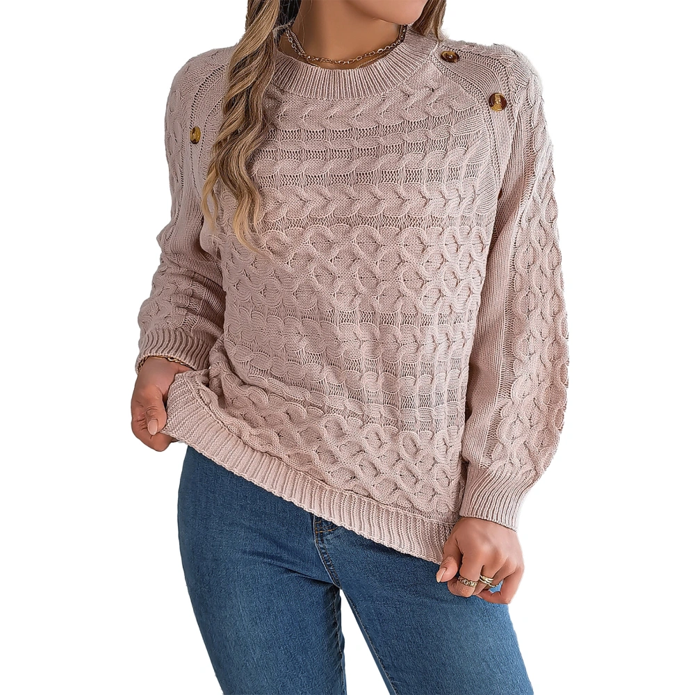 Women Cable Knit Sweater Crew Neck Long Sleeve Button Decoration Pullover Knitted Top Pink M