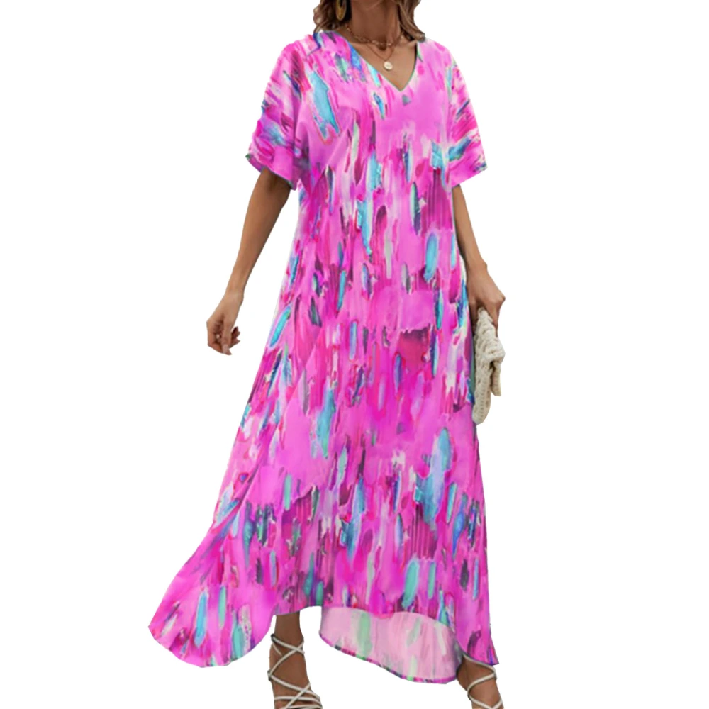 Women Maxi Dress Loose Fit Short Sleeve V Neck Unique Printing Long Dress for Dating Vacation Beach Plum Red S