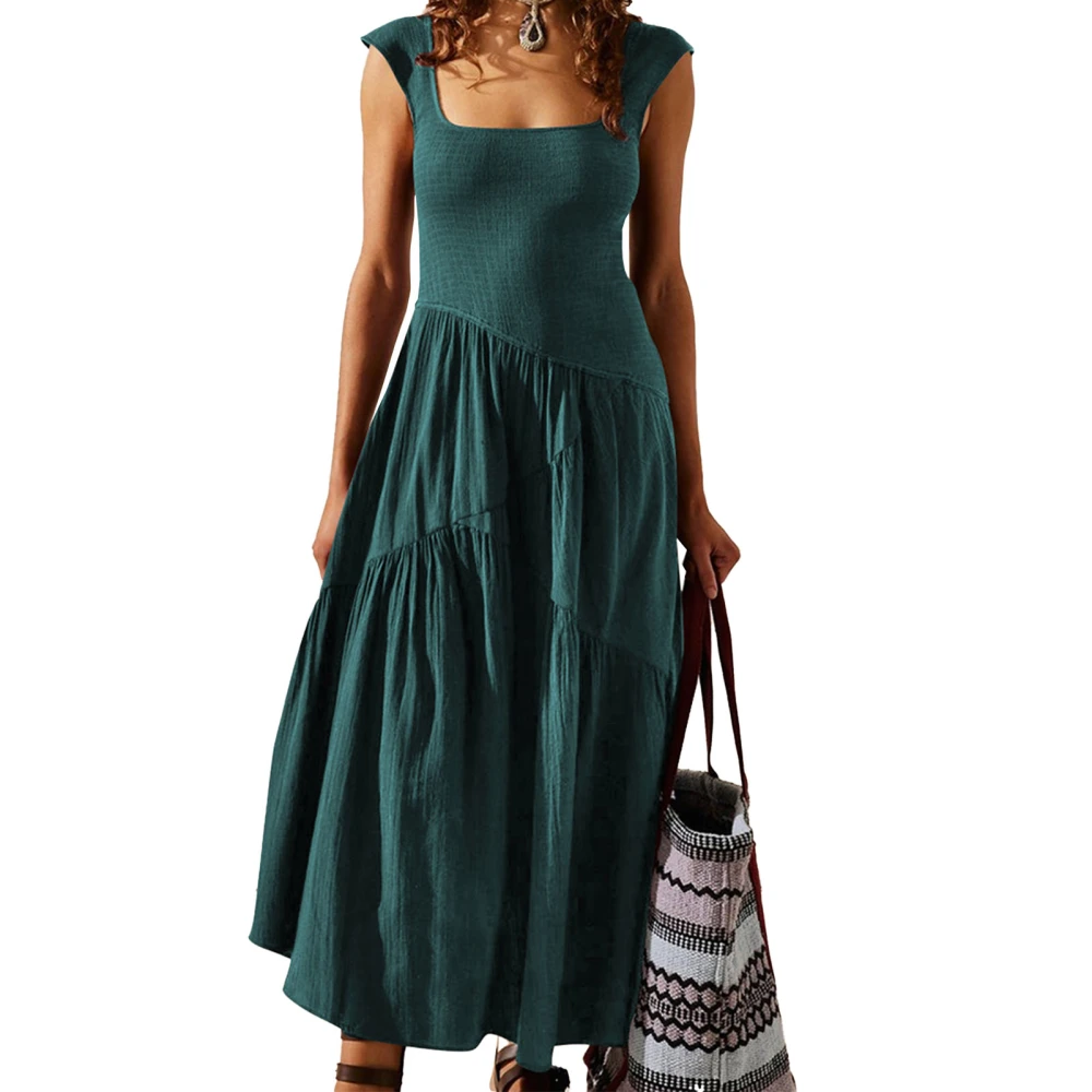 Sleeveless Dress Backless Back Strap Flowing Hem Casual Fashionable Pure Color Dress for Party Holidays Green L