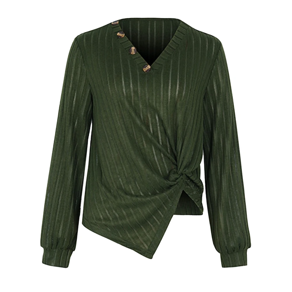 Women Long Sleeve Twist Knotted T Shirts V Neck Button Decor Loose Fit Pullover Blouse OD Green S