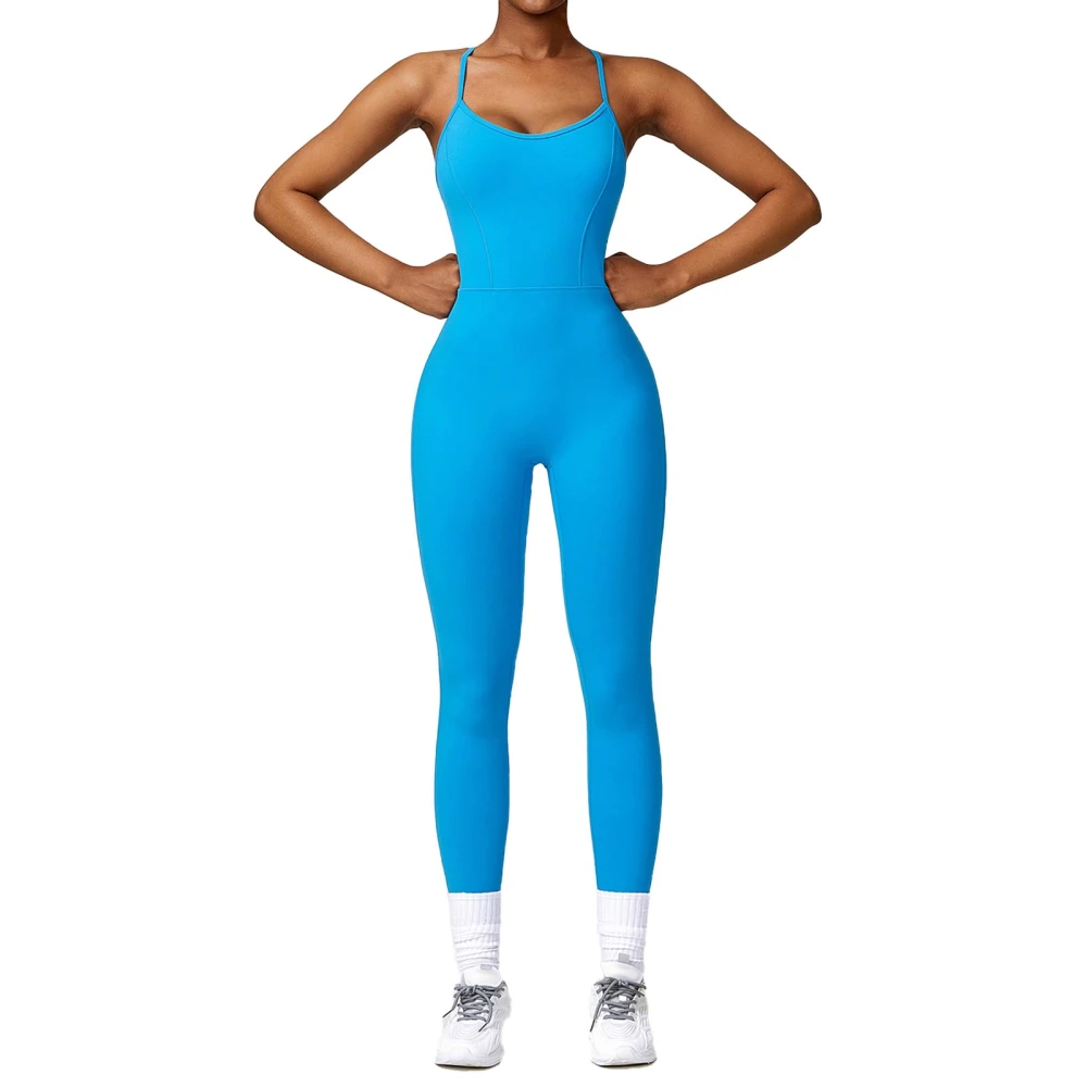 Women U Neck Jumpsuit One Piece Stretchy Tank Trousers Spaghetti Strap Sleeveless Exercise Jumpsuit Blue S