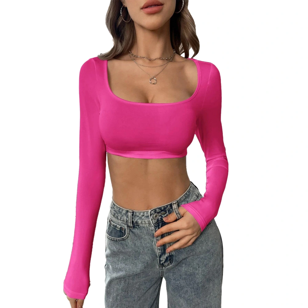 Women Slim Fit Knitted Top U Neck Long Sleeve Casual Fashion Short Type Stretchy Shirt Rose Red L