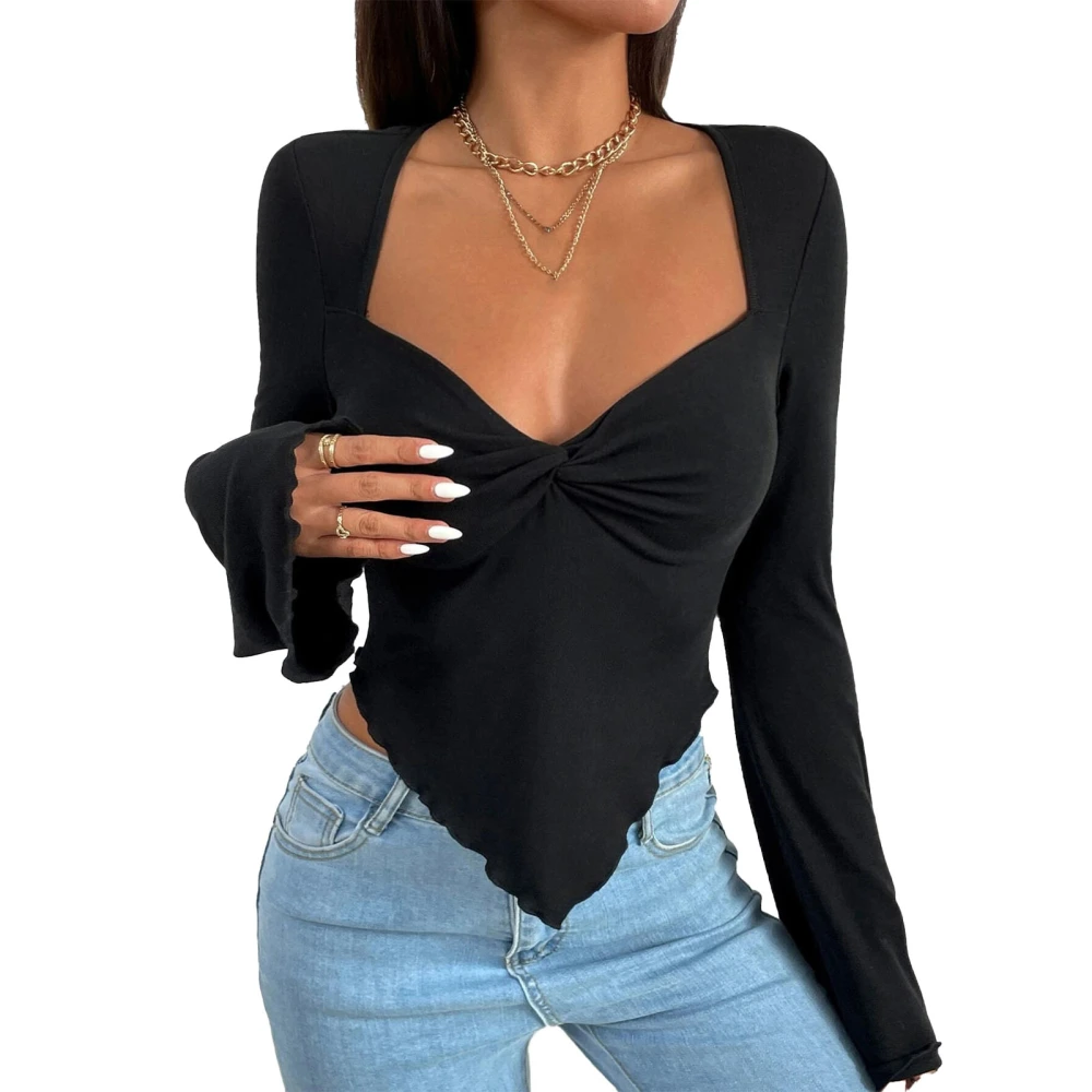 Women V Neck T Shirt Twist Knot Front Long Bell Sleeves Irregular Hem Casual Slim Fitting Blouses Black XL