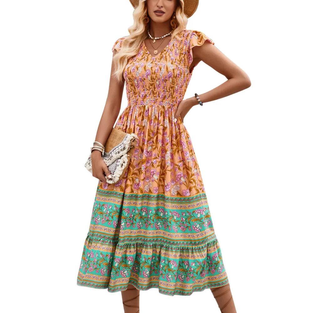 Women Floral Print Dress V Neck Cap Sleeve Shirred Elastic High Waisted Summer Flowy Dress for Holiday Orange S