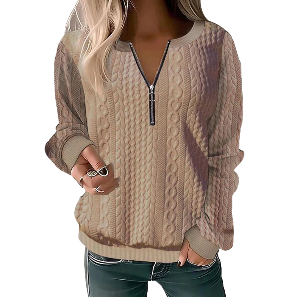 Women Half Zip Cable Knit Thicken Blouse Long Sleeve Half Zipper Breathable Fashionable Pullover Thicken Blouse Khaki S