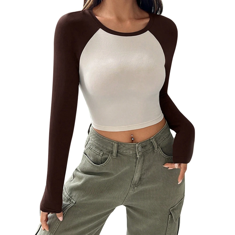 Women Long Sleeve Crop Top Color Contrast Fashion Style Crop Shirt Top for Daily Travel Party Coffee S