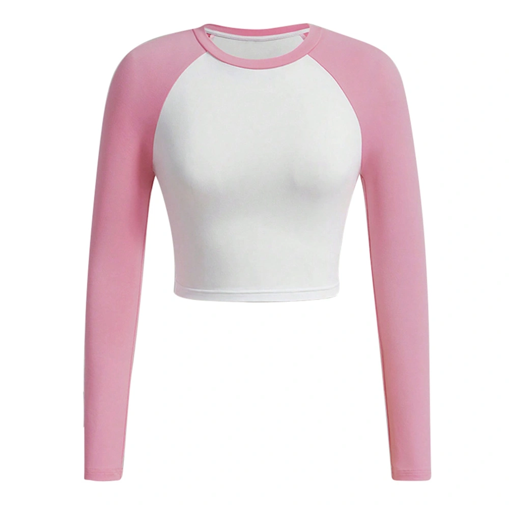 Women Long Sleeve Crop Top Color Contrast Fashion Style Crop Shirt Top for Daily Travel Party Pink M