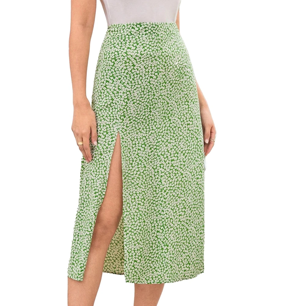 Women Floral A Line Print Skirt High Waist Bodycon Side Split Printed Zipper Stylish Long Skirt Green M