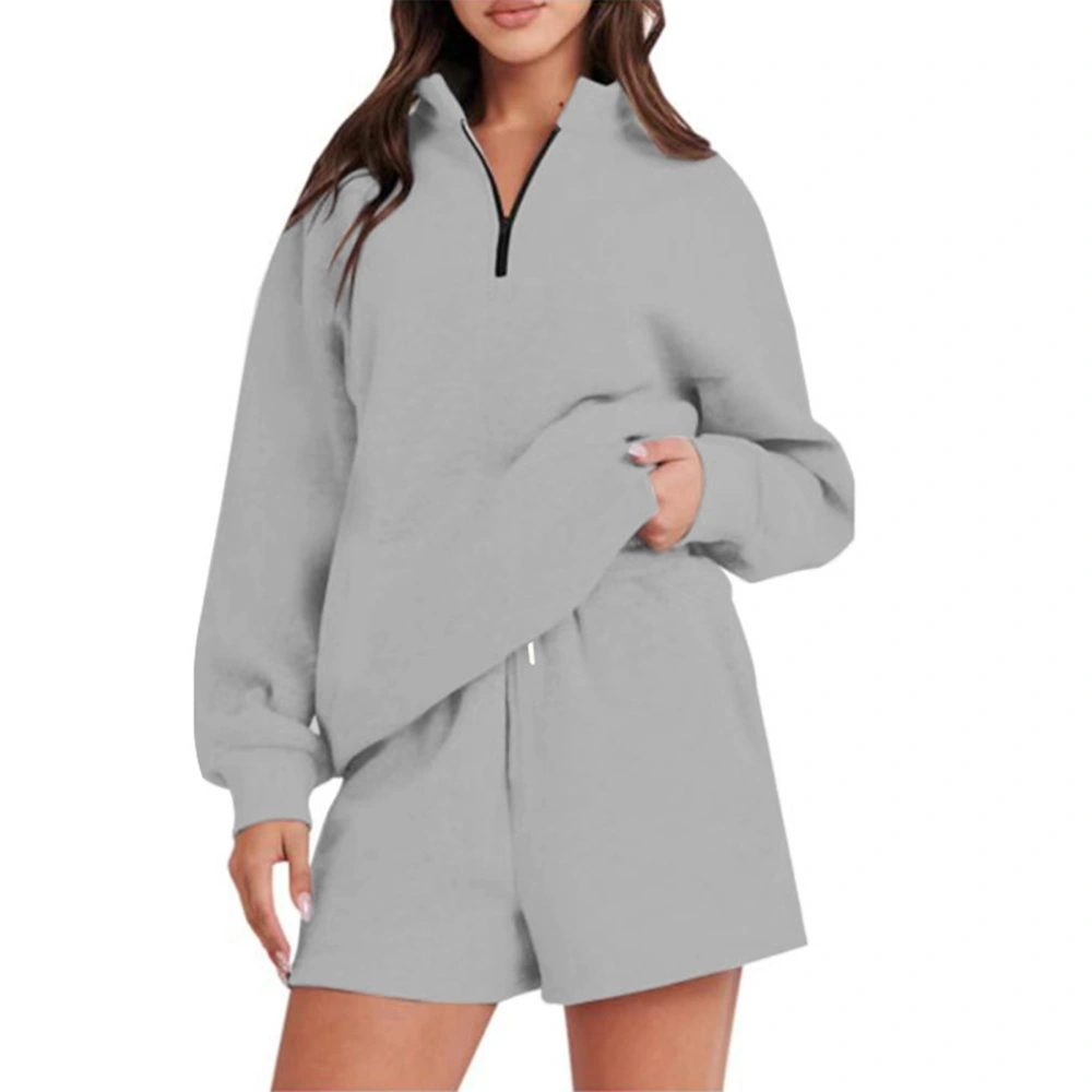 Women 2 Piece Solid Sweatshirt Outfits V Neck Half Zip Long Sleeve Top Elastic Shorts Outfits Casual Pure Color Sweatshirt Set Flower Grey S