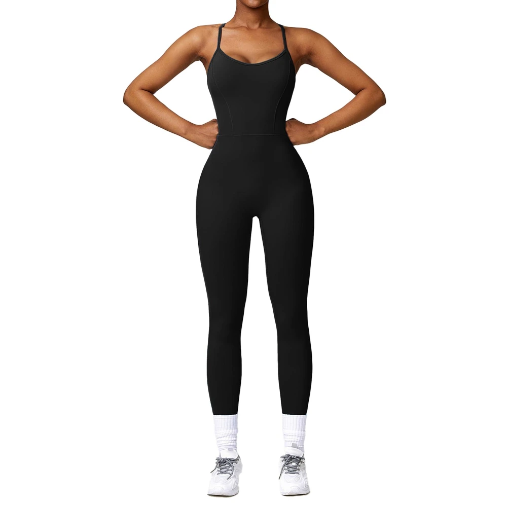 Women U Neck Jumpsuit One Piece Stretchy Tank Trousers Spaghetti Strap Sleeveless Exercise Jumpsuit Black M