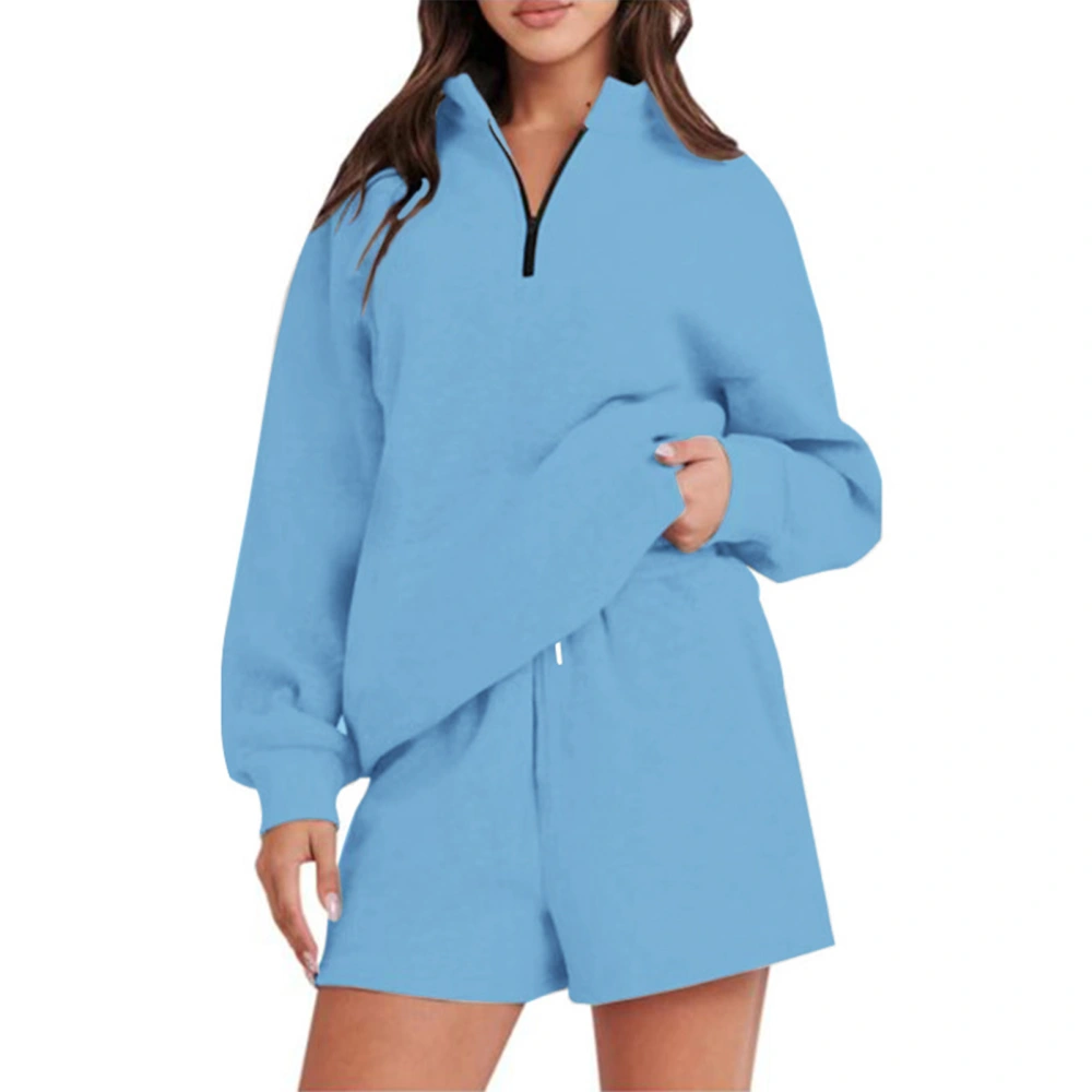 Women 2 Piece Solid Sweatshirt Outfits V Neck Half Zip Long Sleeve Top Elastic Shorts Outfits Casual Pure Color Sweatshirt Set Light Blue XL