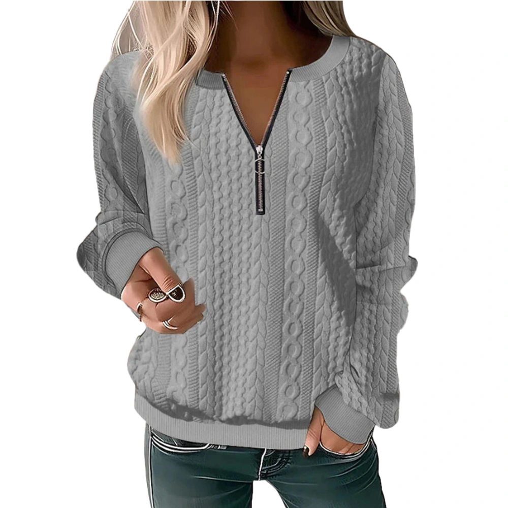 Women Half Zip Cable Knit Thicken Blouse Long Sleeve Half Zipper Breathable Fashionable Pullover Thicken Blouse Grey XXL