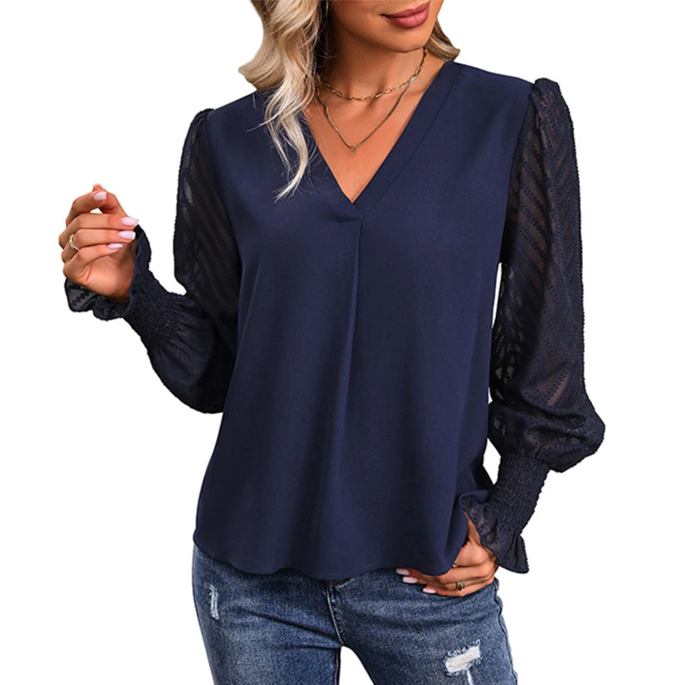 Women Causal Loose V Neck Blouses Solid Color Sheer Mesh Long Sleeve Shirt for Daily Life Work Shopping Office School Blue XL