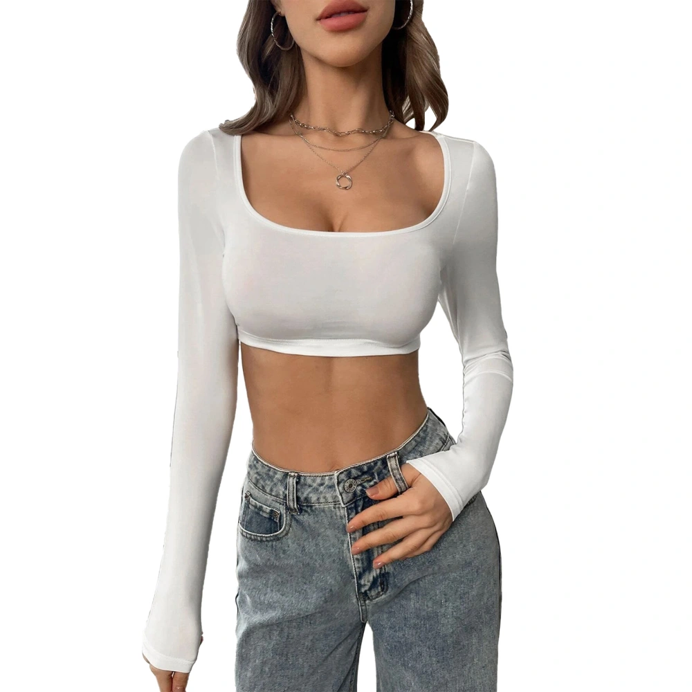 Women Slim Fit Knitted Top U Neck Long Sleeve Casual Fashion Short Type Stretchy Shirt White S