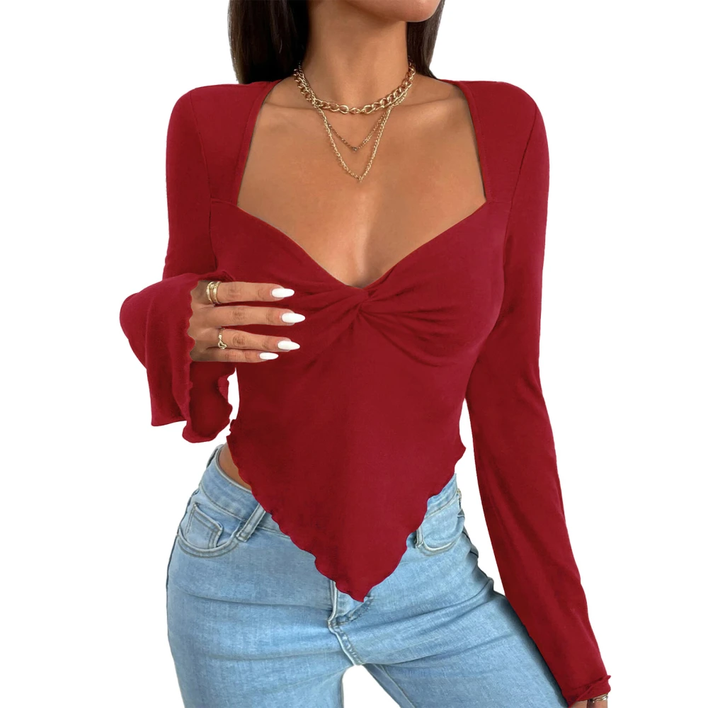 Women V Neck T Shirt Twist Knot Front Long Bell Sleeves Irregular Hem Casual Slim Fitting Blouses Red S