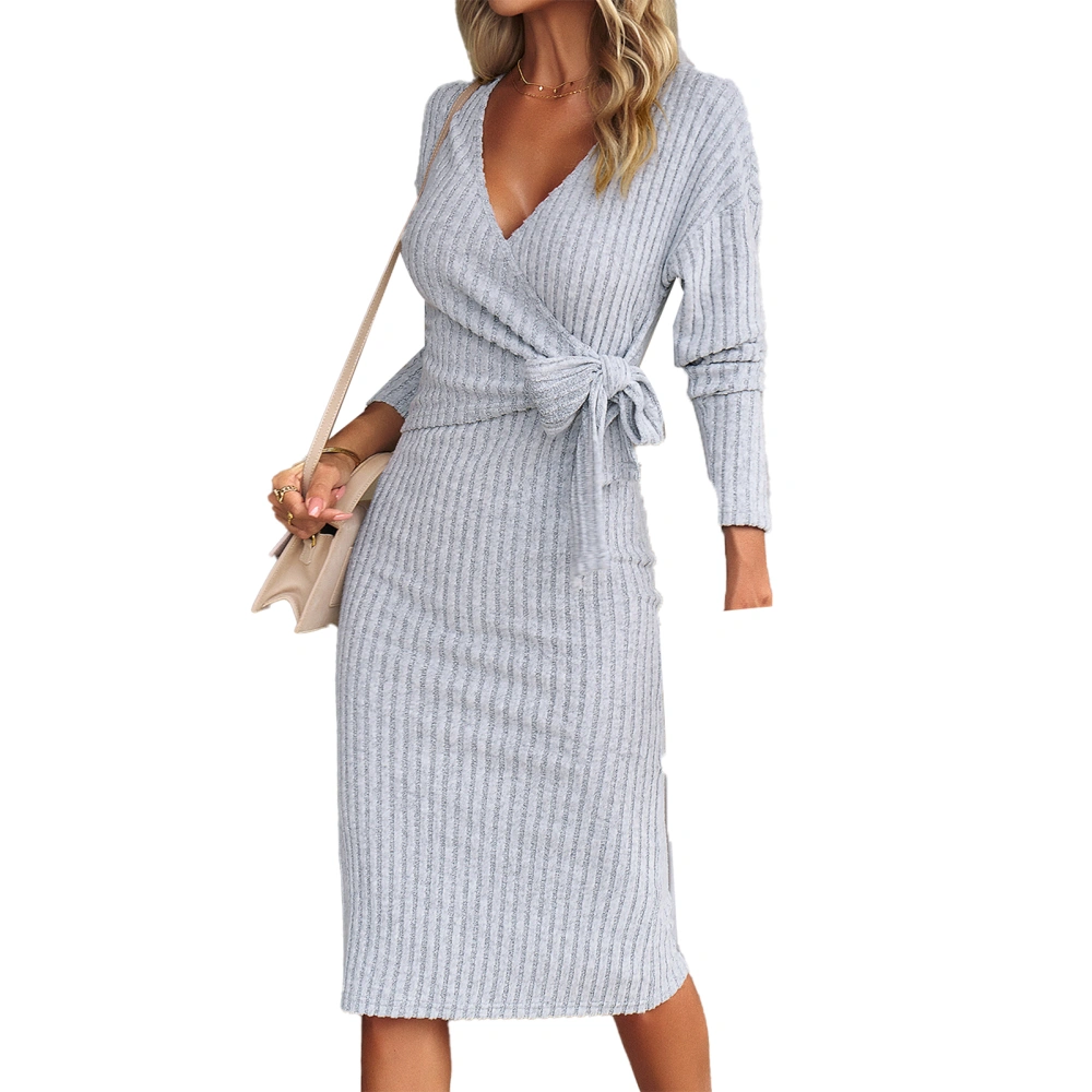 Women Elegant V Neck Wrap Sweater Dress Long Sleeve Tie Waist Ribbed Knit Midi Dress Grey S