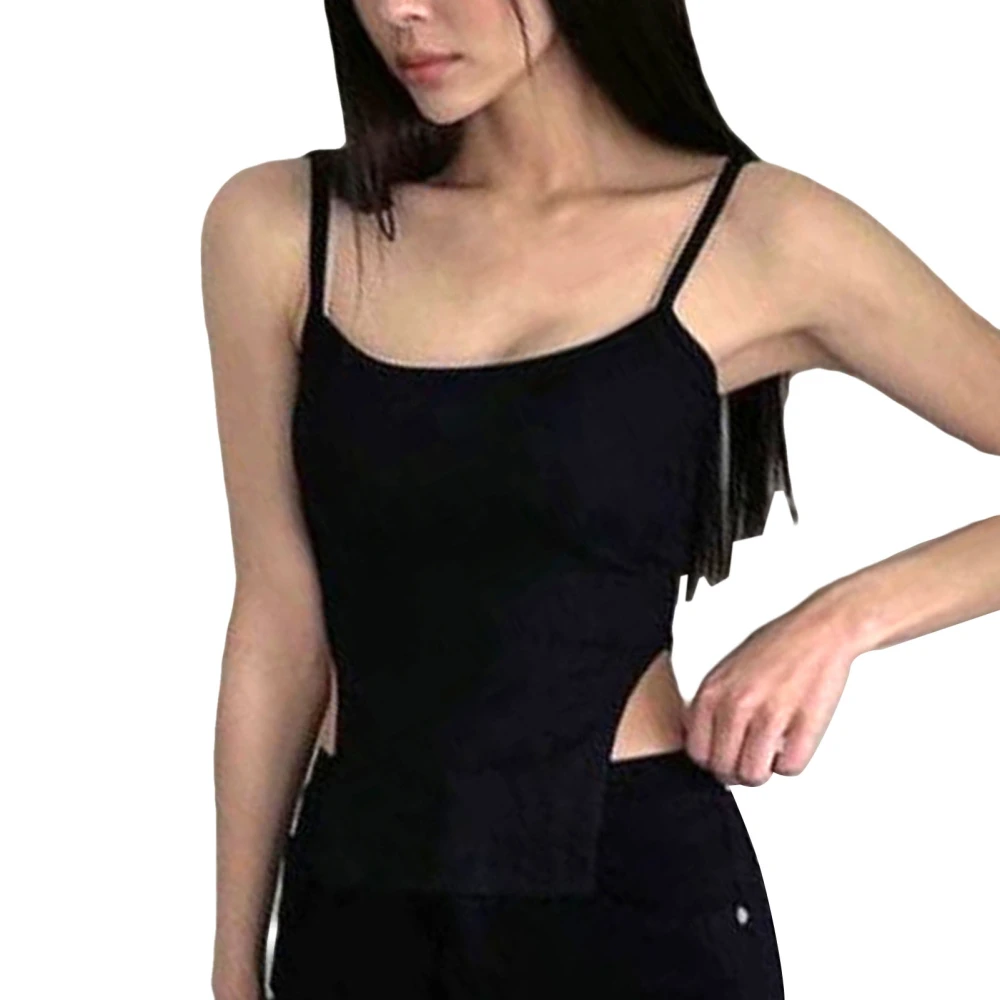 Spaghetti Strap Camisole Top Slim Fitted Side Split Plain Color Spaghetti Strap Camisole for Women Black L