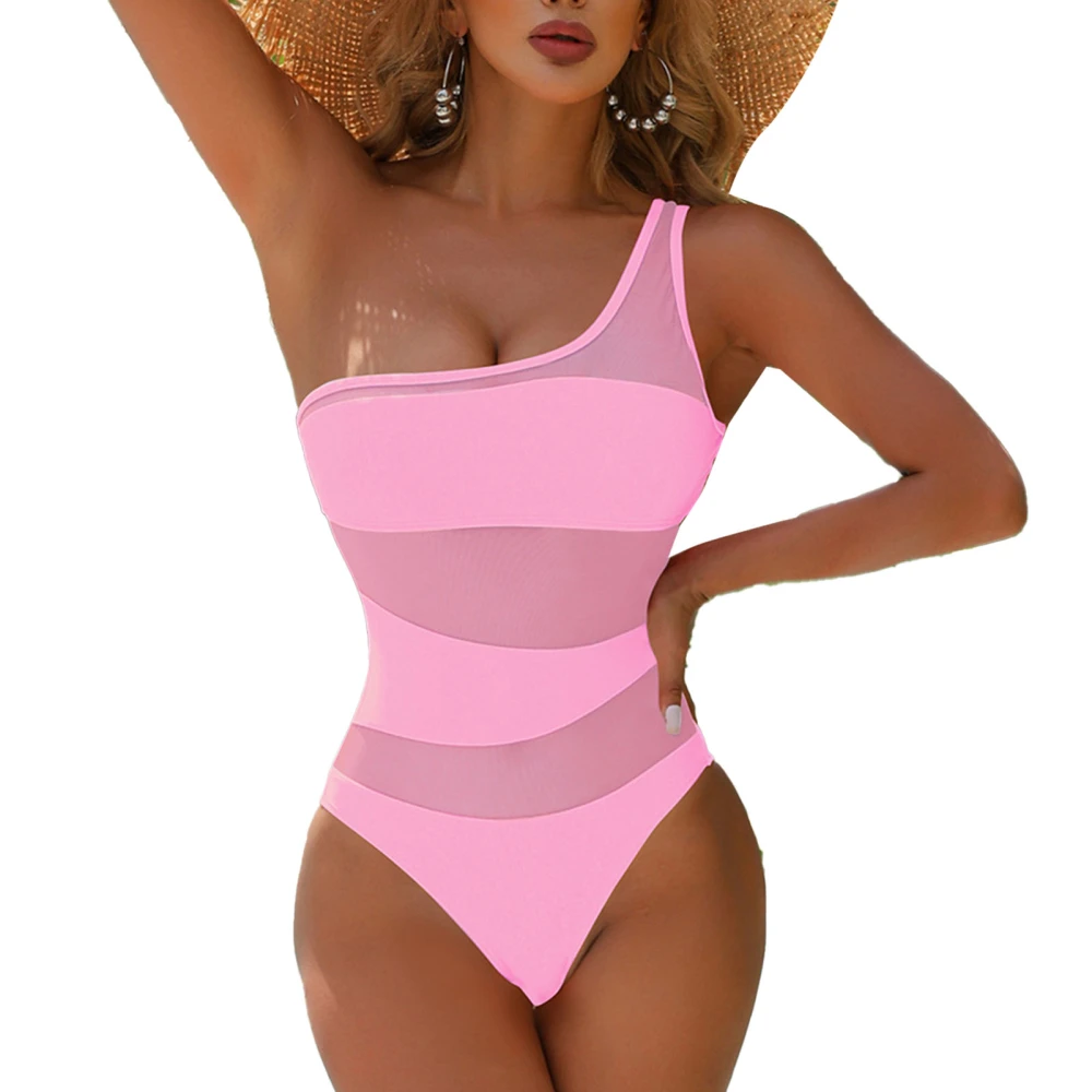 One Shoulder Mesh Swimming Wear Plain Color Removable Chest Pad Slim Fitted One Piece Mesh Stitching Swimwear Pink S