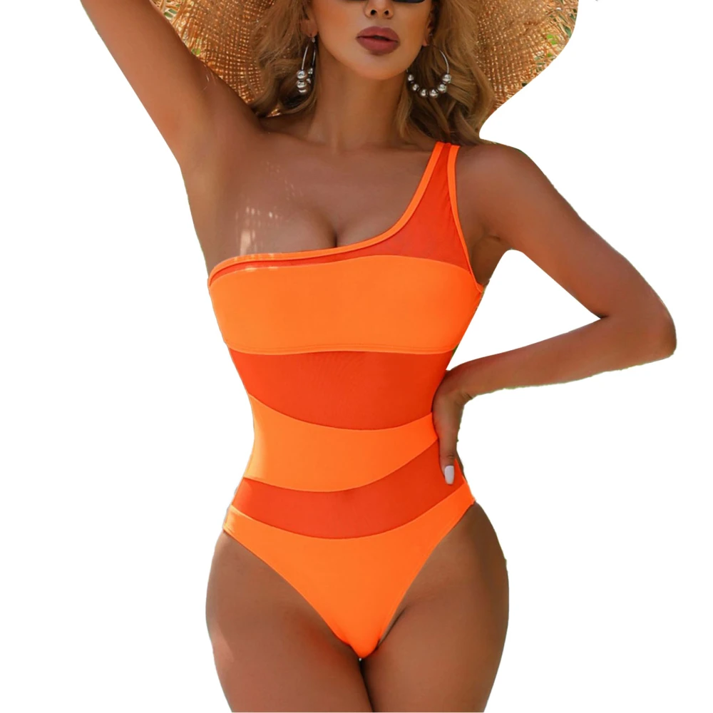 One Shoulder Mesh Swimming Wear Plain Color Removable Chest Pad Slim Fitted One Piece Mesh Stitching Swimwear Orange S