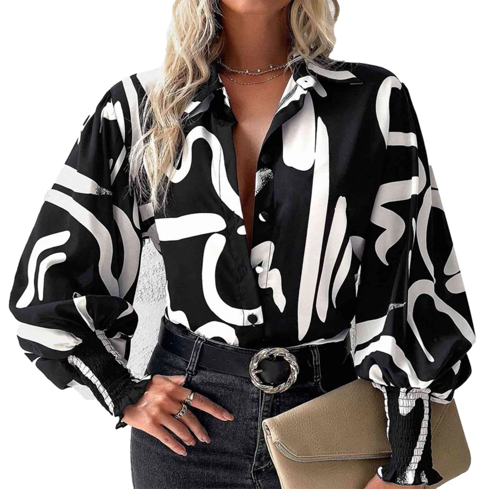 Women Shirred Printed Blouse Lantern Sleeve Print Shirt Turn Down Collar Button Closure Long Sleeve Fashion Casual Blouse Black with White Flower M