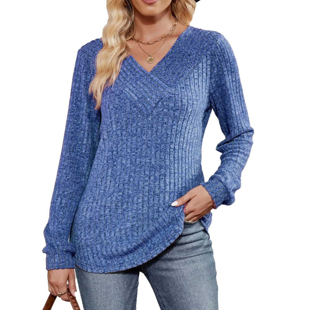 Woman Long Sleeve V Neck Top Casual Slim Fitted Ribbed Knit Solid Pullover Sweater for Autumn Winter Blue L