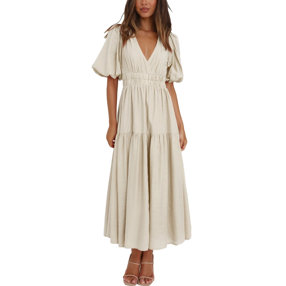 Puff Sleeve Long Dress Short Sleeve Plain Color Ruffle Deep V Neckline Maxi Dress for Women Apricot S