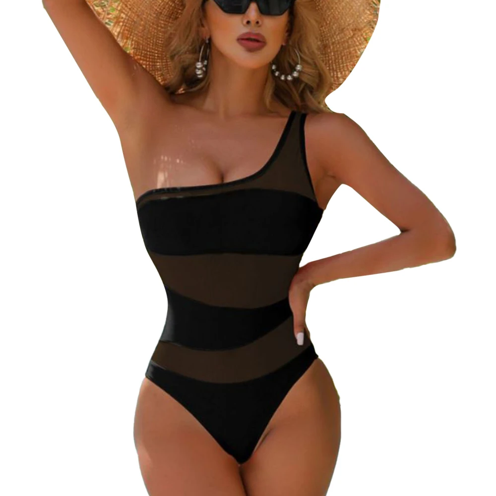 One Shoulder Mesh Swimming Wear Plain Color Removable Chest Pad Slim Fitted One Piece Mesh Stitching Swimwear Black XL