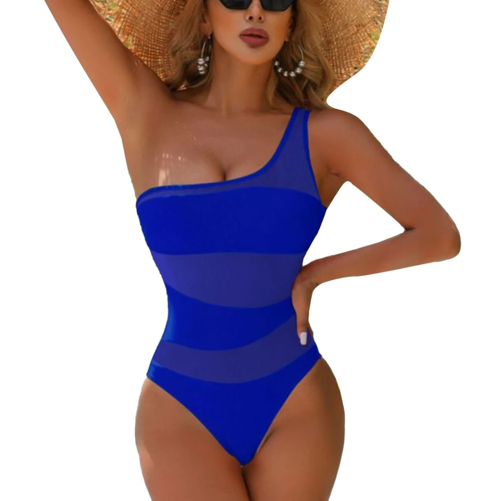 One Shoulder Mesh Swimming Wear Plain Color Removable Chest Pad Slim Fitted One Piece Mesh Stitching Swimwear Blue M