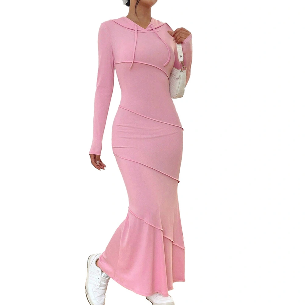 Women Long Sleeves Dress Slim Fitting Casual Hip Wrap Fishtail Maxi Dress with Hooded Pink XL