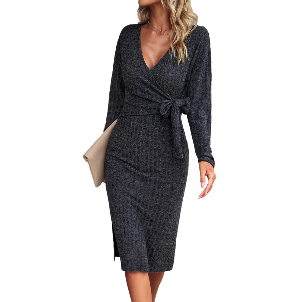 Women Elegant V Neck Wrap Sweater Dress Long Sleeve Tie Waist Ribbed Knit Midi Dress Dark Gray L