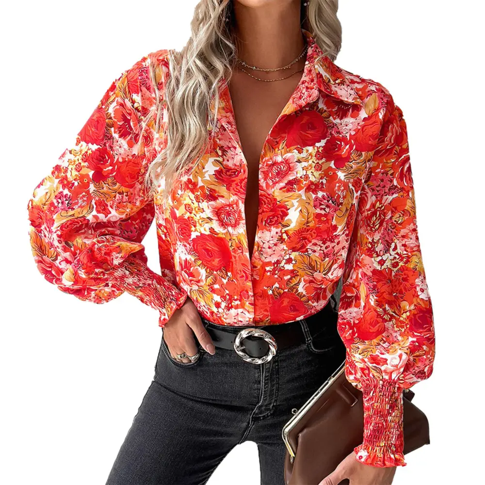 Women Shirred Printed Blouse Lantern Sleeve Print Shirt Turn Down Collar Button Closure Long Sleeve Fashion Casual Blouse Red XL