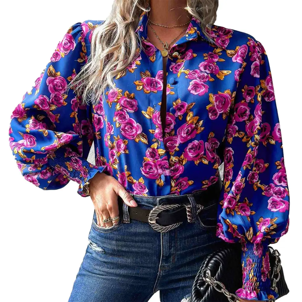 Women Shirred Printed Blouse Lantern Sleeve Print Shirt Turn Down Collar Button Closure Long Sleeve Fashion Casual Blouse Blue M