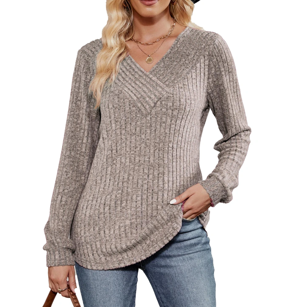 Woman Long Sleeve V Neck Top Casual Slim Fitted Ribbed Knit Solid Pullover Sweater for Autumn Winter Oatmeal M