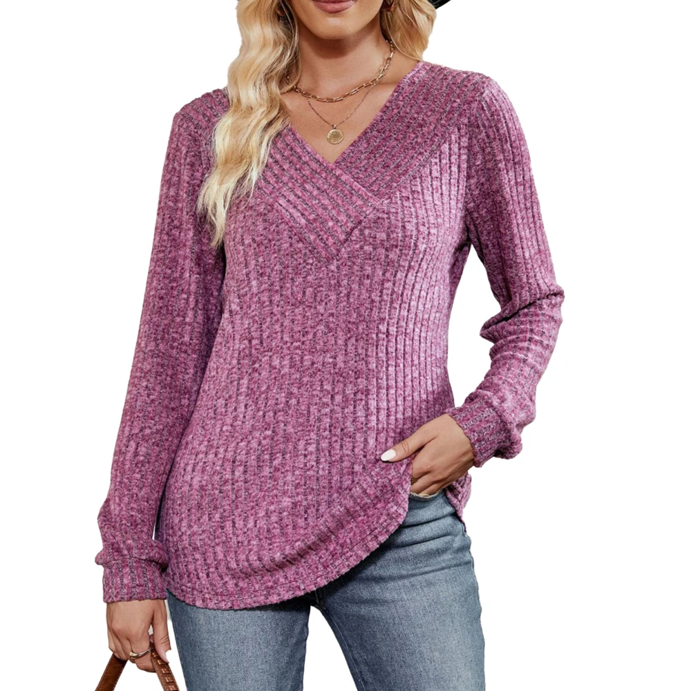 Woman Long Sleeve V Neck Top Casual Slim Fitted Ribbed Knit Solid Pullover Sweater for Autumn Winter Aubergine XXL