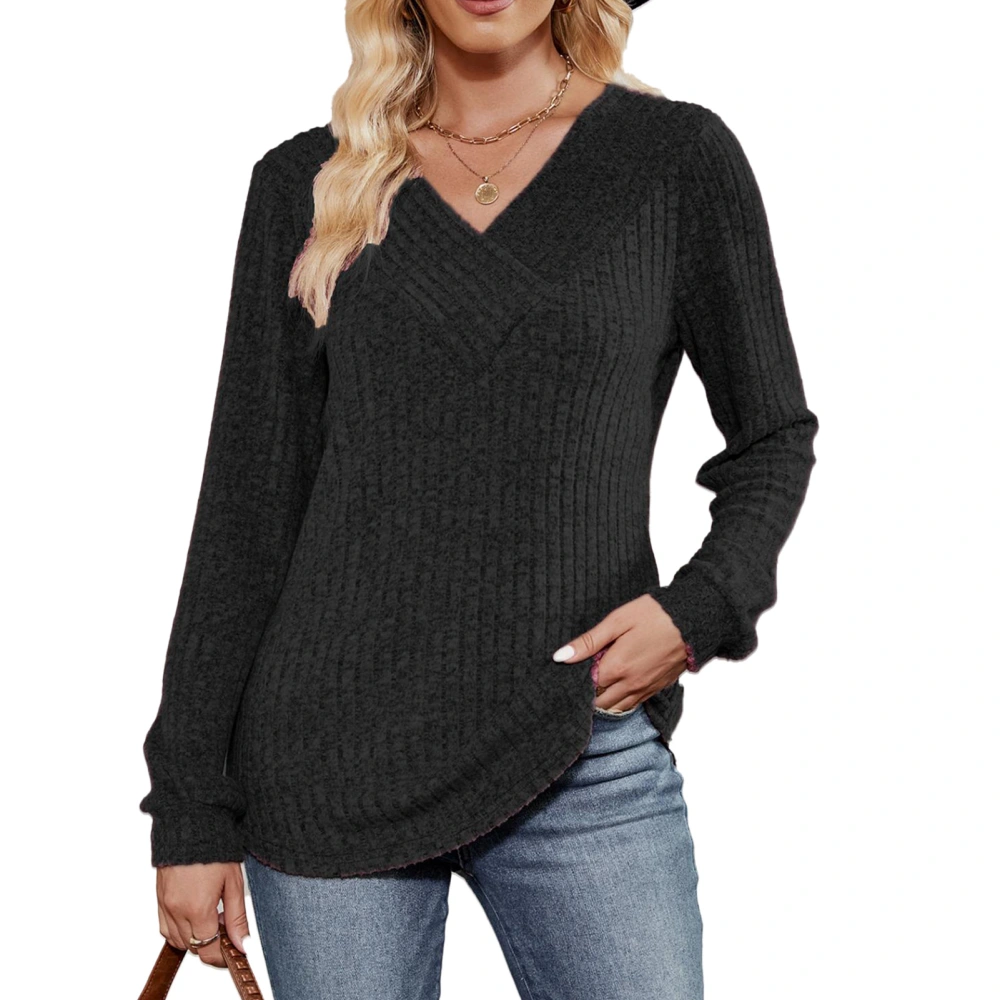 Woman Long Sleeve V Neck Top Casual Slim Fitted Ribbed Knit Solid Pullover Sweater for Autumn Winter Black XL