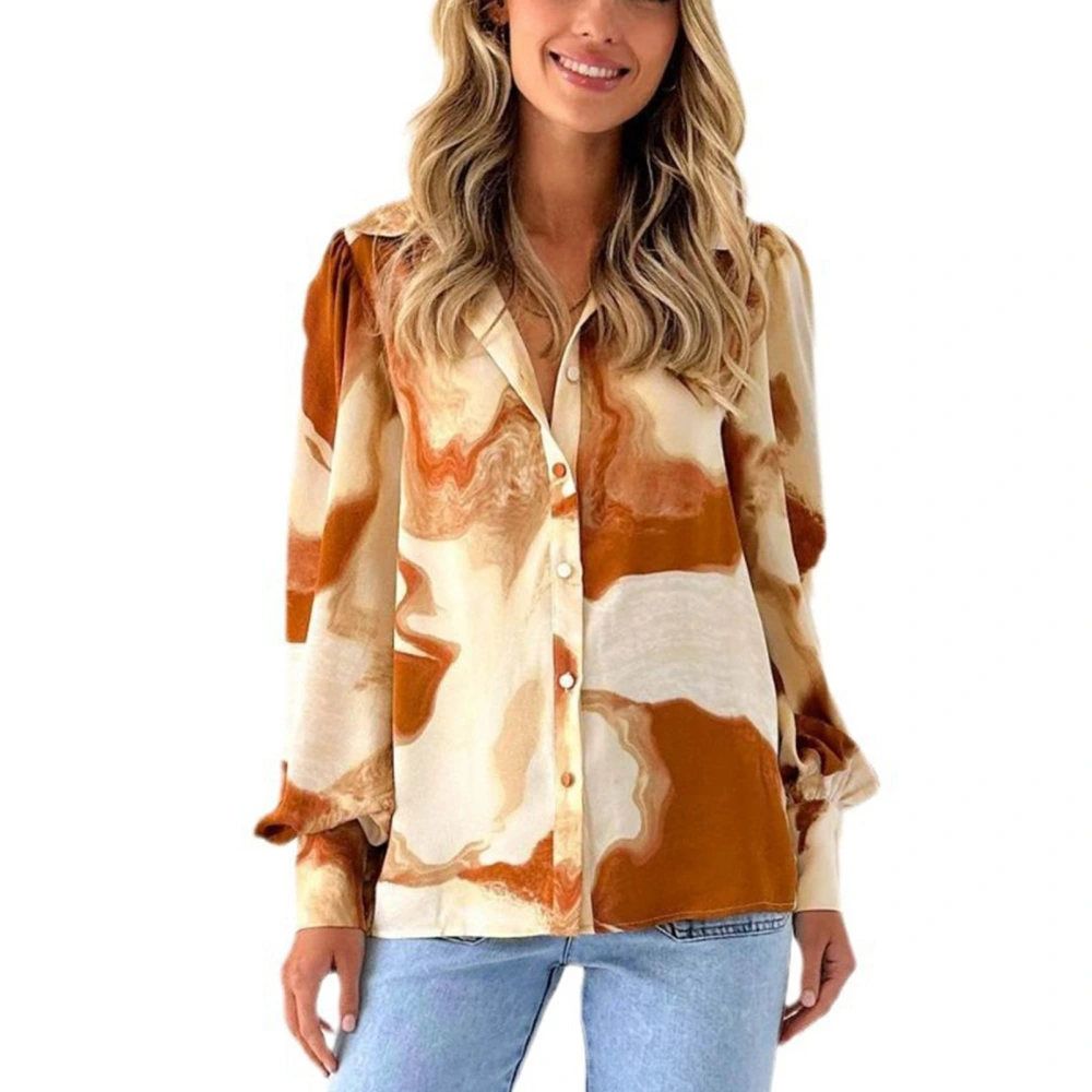 Women Printing Shirt Turn Down Collar Single Breasted Casual Long Sleeve Blouses for Daily Wear Brown L