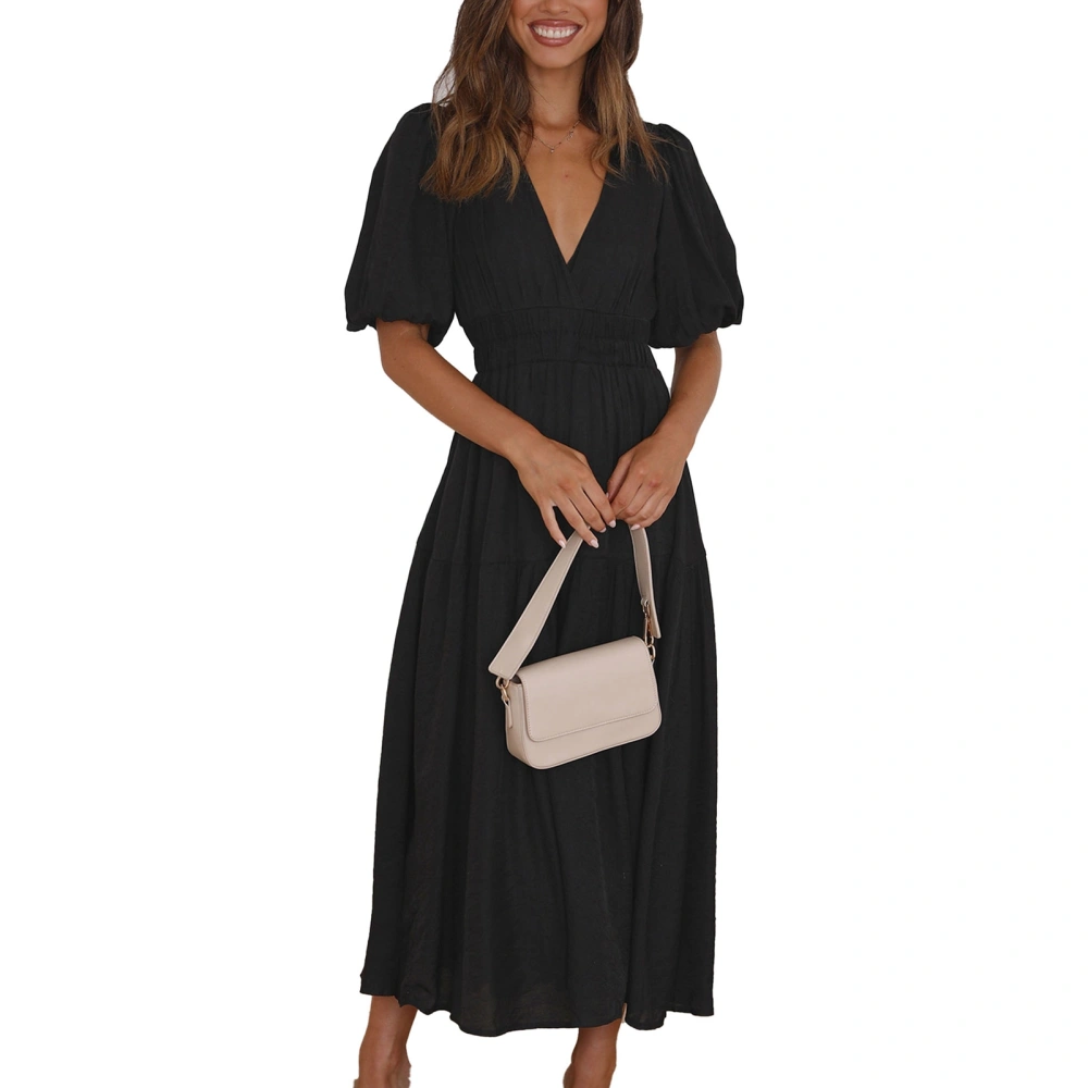 Puff Sleeve Long Dress Short Sleeve Plain Color Ruffle Deep V Neckline Maxi Dress for Women Black XL