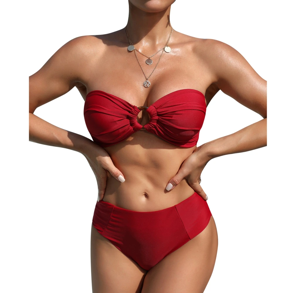 Women Bikini Sets Pure Color Concentrated O Ring Two Piece Swimsuit for Swimming Pool Red L