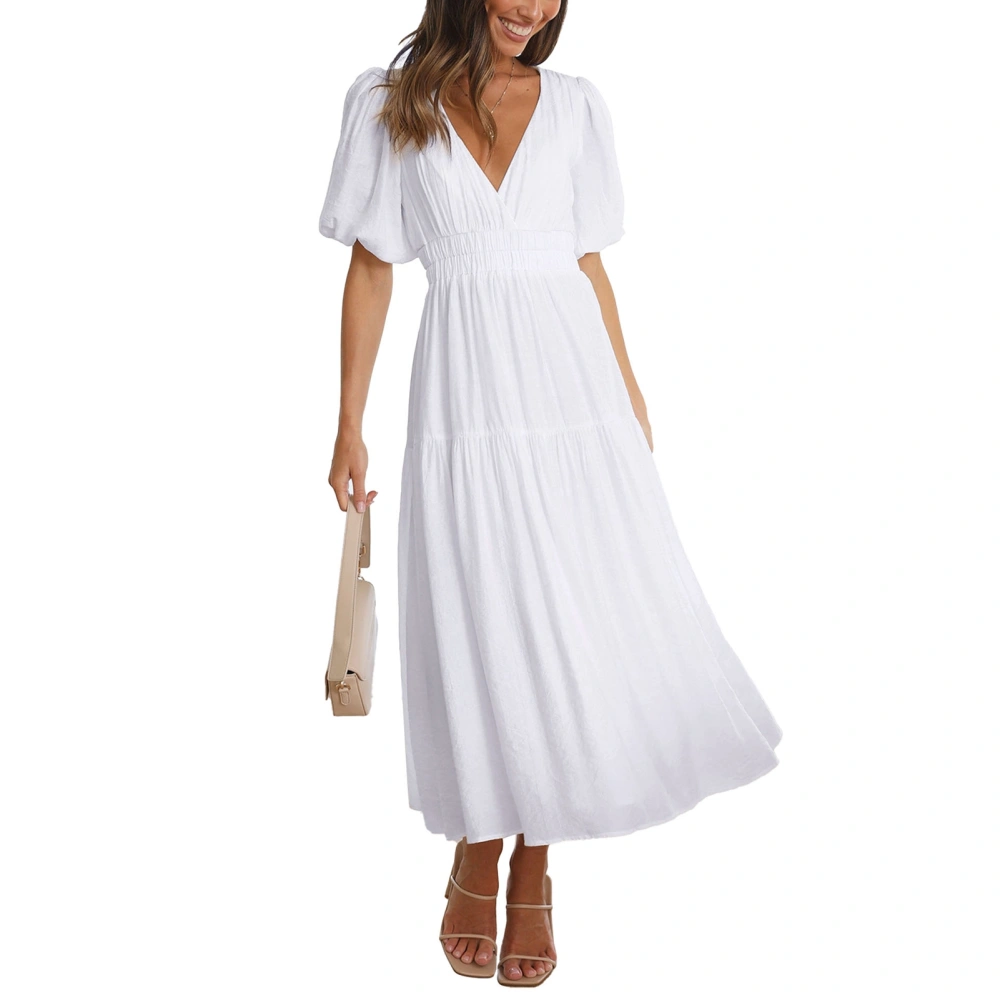 Puff Sleeve Long Dress Short Sleeve Plain Color Ruffle Deep V Neckline Maxi Dress for Women White S